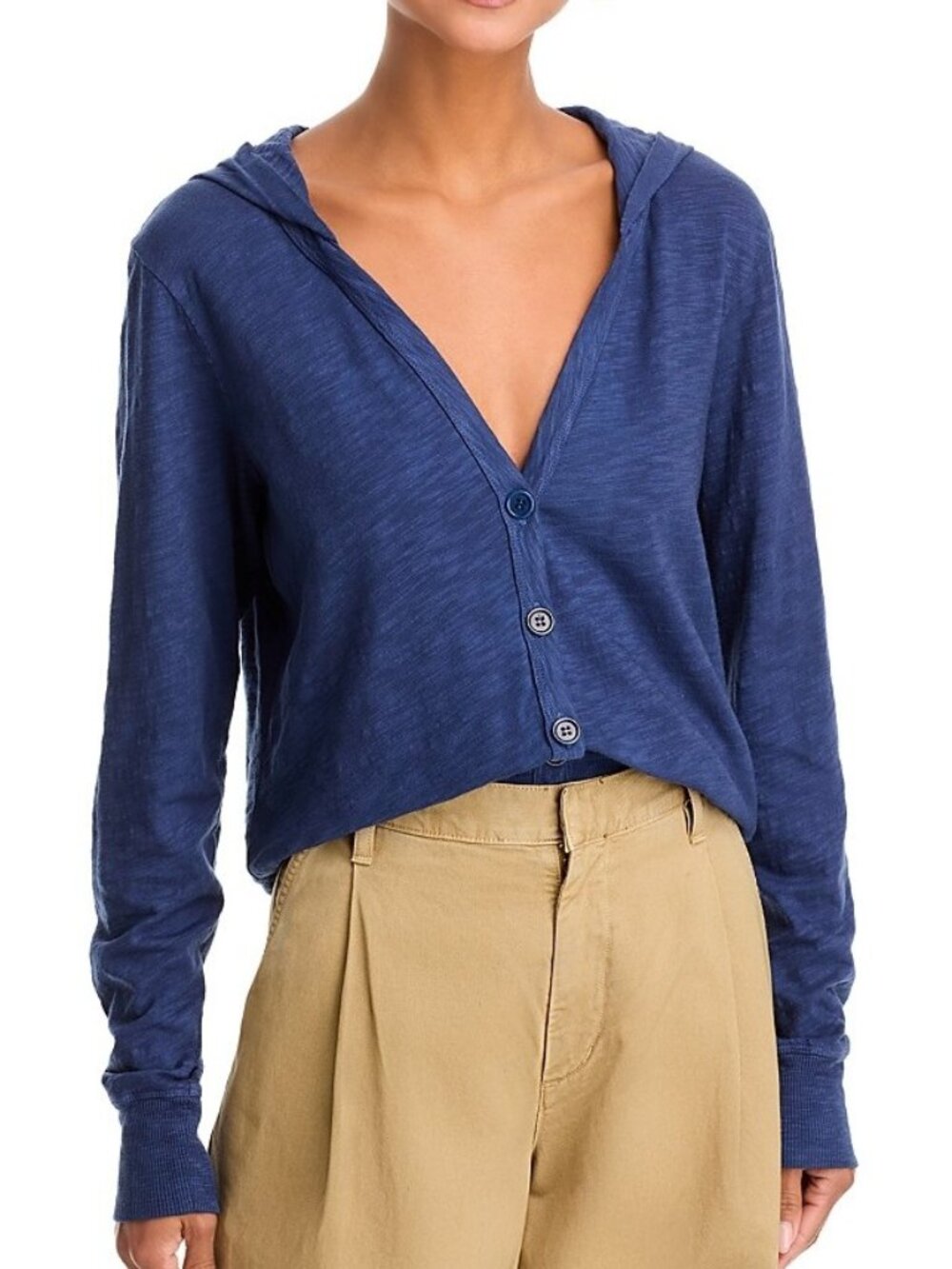 Wilt Women's Size S Button Up V-Neck Hooded Slub Knit Midnight Top NEW